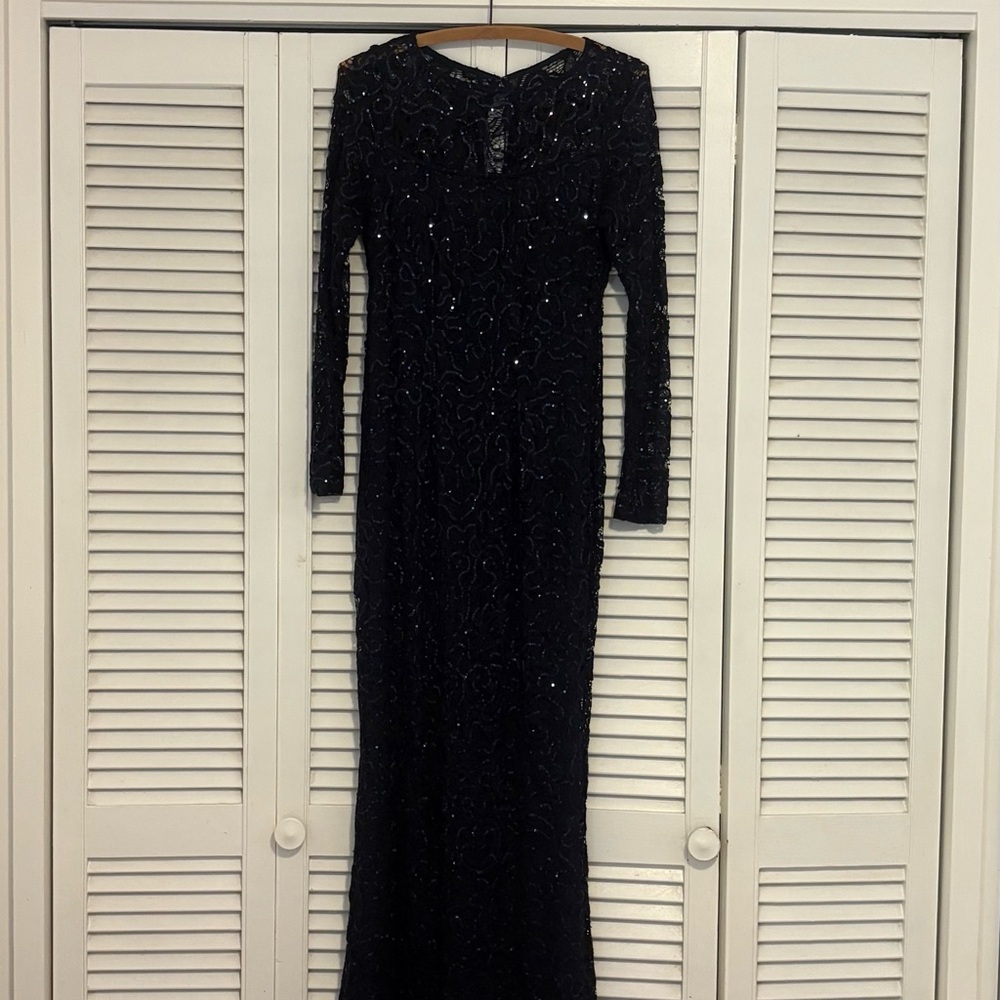 Marina Navy Sequin and Lace Long Sleeved Evening Maxi Dress Gown XS